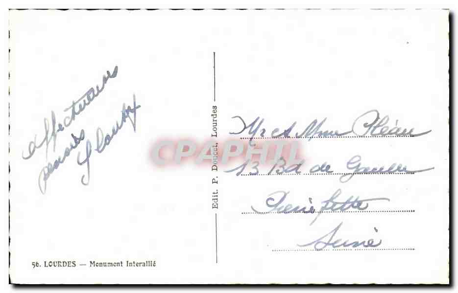 CPA Lourdes Monument Interallie — Verso