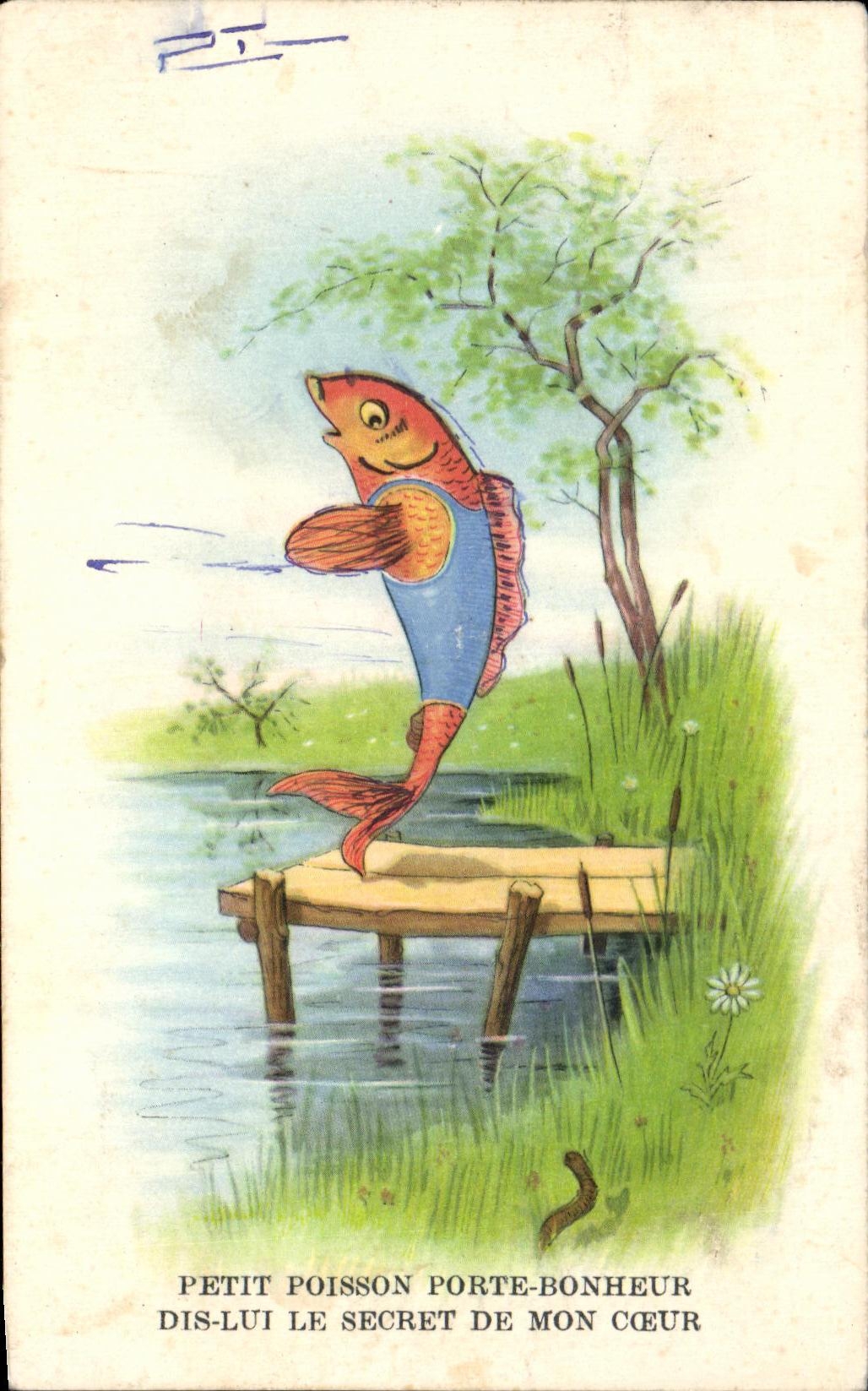 CPA Petit Poisson Porte Bonheur Dis Lui Le Secret De Mon Coeur