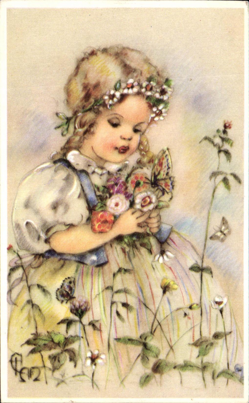 CPA Fantaisie Enfant Fille Papillon 