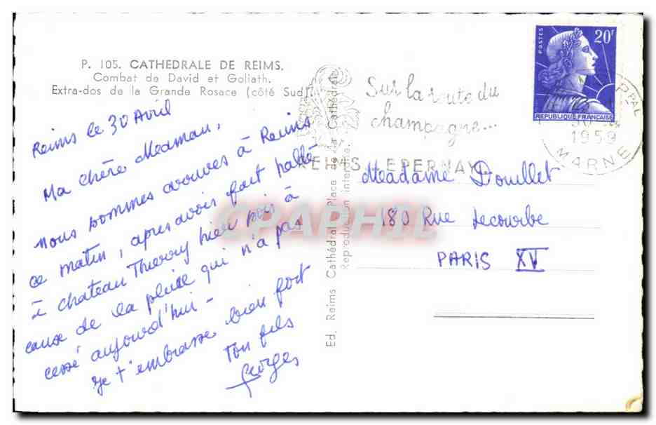 CPA Cathedrale De Reims Combat de David et Galiath  — Back