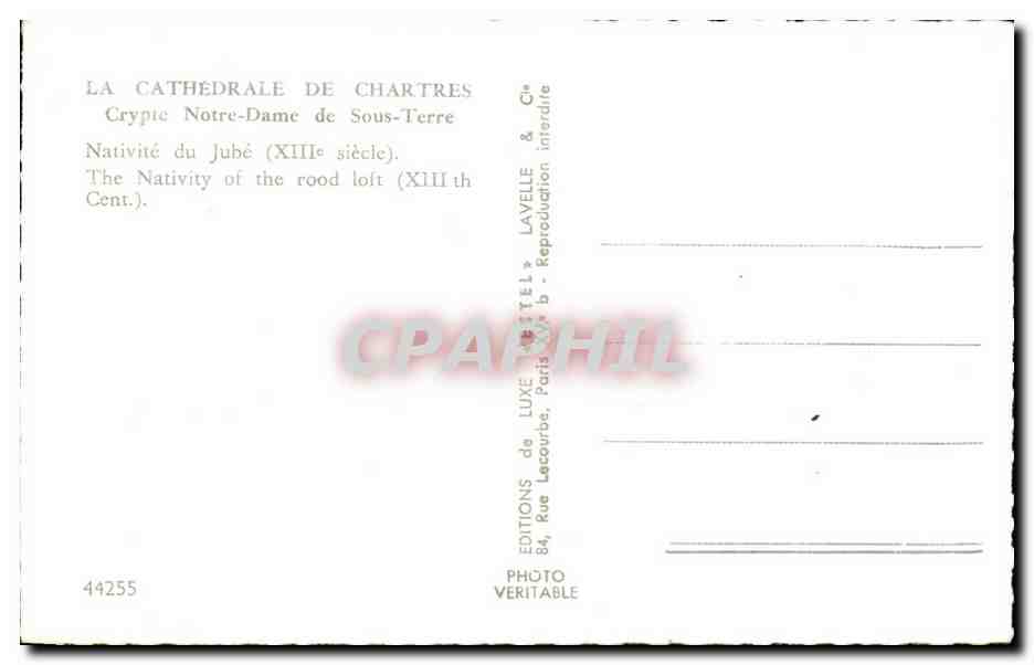 CPSM La Cathedrale De Chartres Crypte Notre Dame de Sous Terre  — Verso