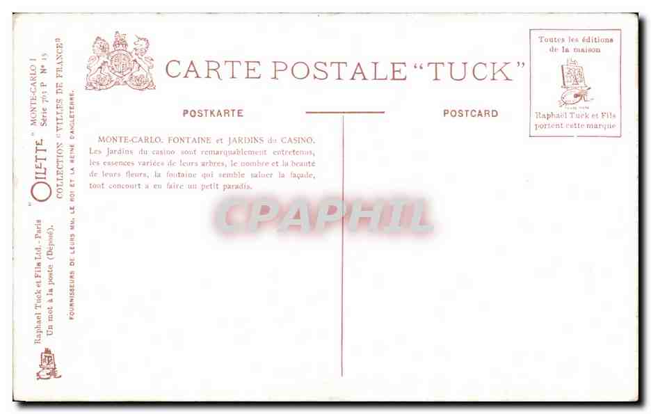 CPA Monte Carlo Fontaine Et Jardins Du Casino — Rückseite