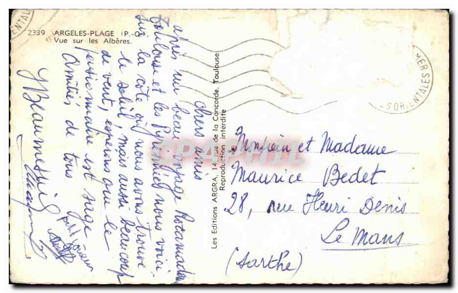 Vintage Postcard Argeles Plage View of the Alberes — Back