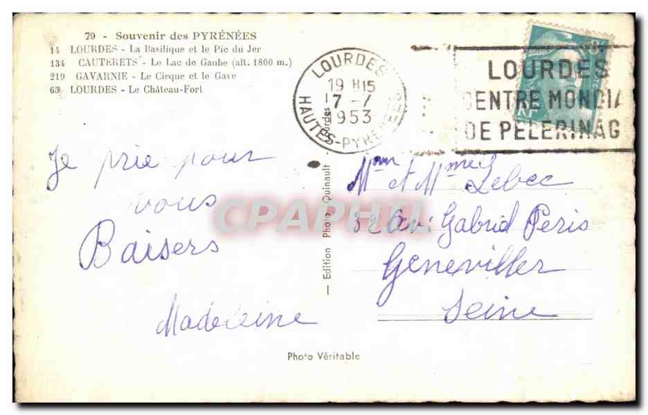 CPA Souvenir Des Pyrenees Lourdes La Basilique Et Le Pic Du Jer Cauterets Le Lac Do Gaube Gavarnie Le Cirqur Et Le Gave — Verso