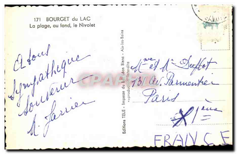 Bourget du Lac — La plage, au fond, le Nivolet — Éditions TÉLÉ - Impasse du Bât. Léon Blanc - Aix-les-Bains — Rückseite