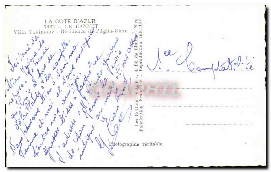 CPA La Cote D'Azur Le Cannet Villa Yakimour Residence de I'Agha Khan — Rückseite