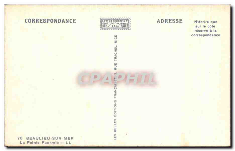 CPA Beaulieu Sur Mer La Pointe Fourmie — Rückseite