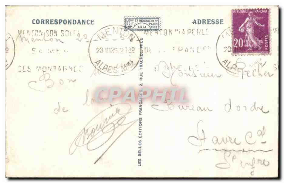 CPA Menton Vue Pris du Cap Martin — Rückseite