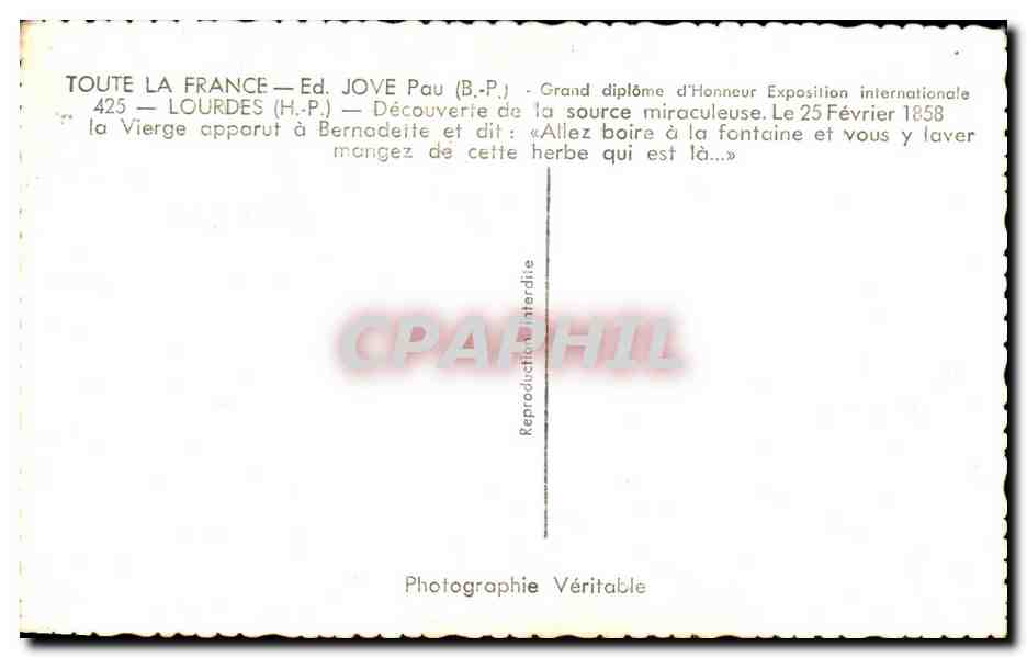 CPSM Lourdes Decouverte de la source miraculeuse — Verso