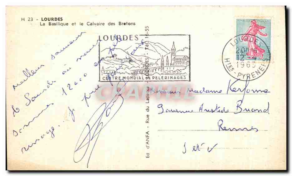 CPSM Lourdes La Basilique et le Calvaire des Bretons — Verso