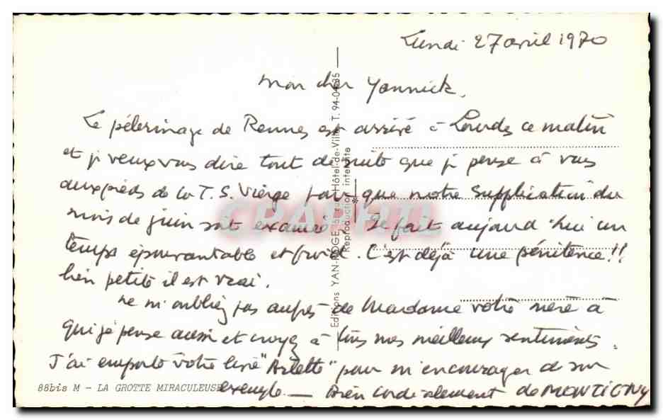 CPSM Lourdes A La Grotte Benie J'ai Prie Pour Vous — Verso