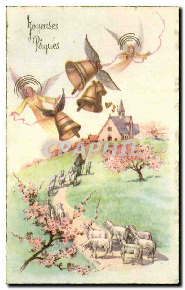 CPA Fantaisie Joyeuses Paques Cloches Anges Moutons 