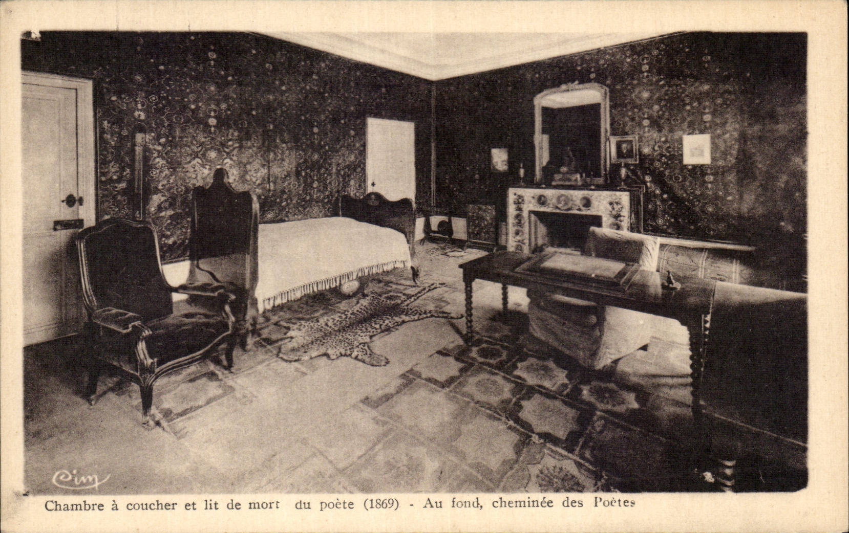 Schlafzimmer und Sterbebett des Dichters (1869) — Im Hintergrund, Kamin der Dichter — Cim