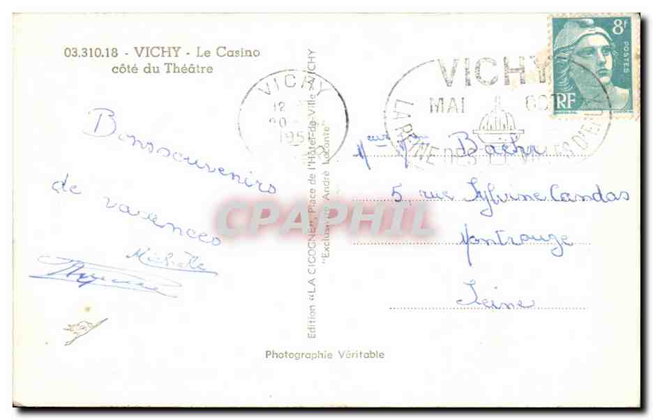 CPA Vichy Le Casino cote du Theatre — Verso