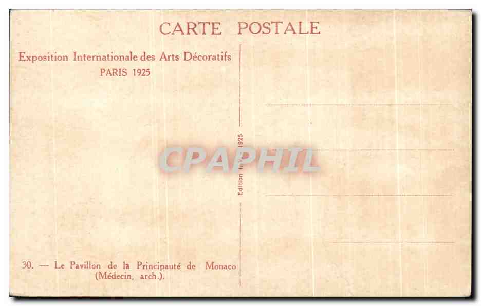 CPA Paris Exposition internationale des Arts decoratifs Paris 1925 Pavillon de Monaco  — Rückseite