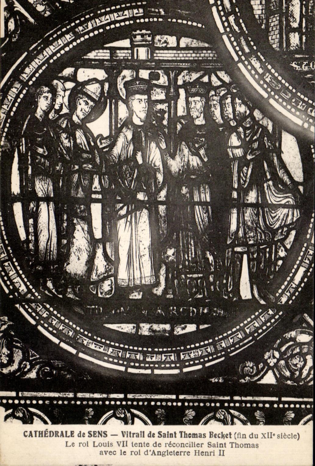 Kathedrale von Sens — Glasfenster von Saint Thomas Becket (Ende des 12. Jahrhunderts) — König Ludwig VII versucht, Saint Thomas mit König Heinrich II von England zu versöhnen