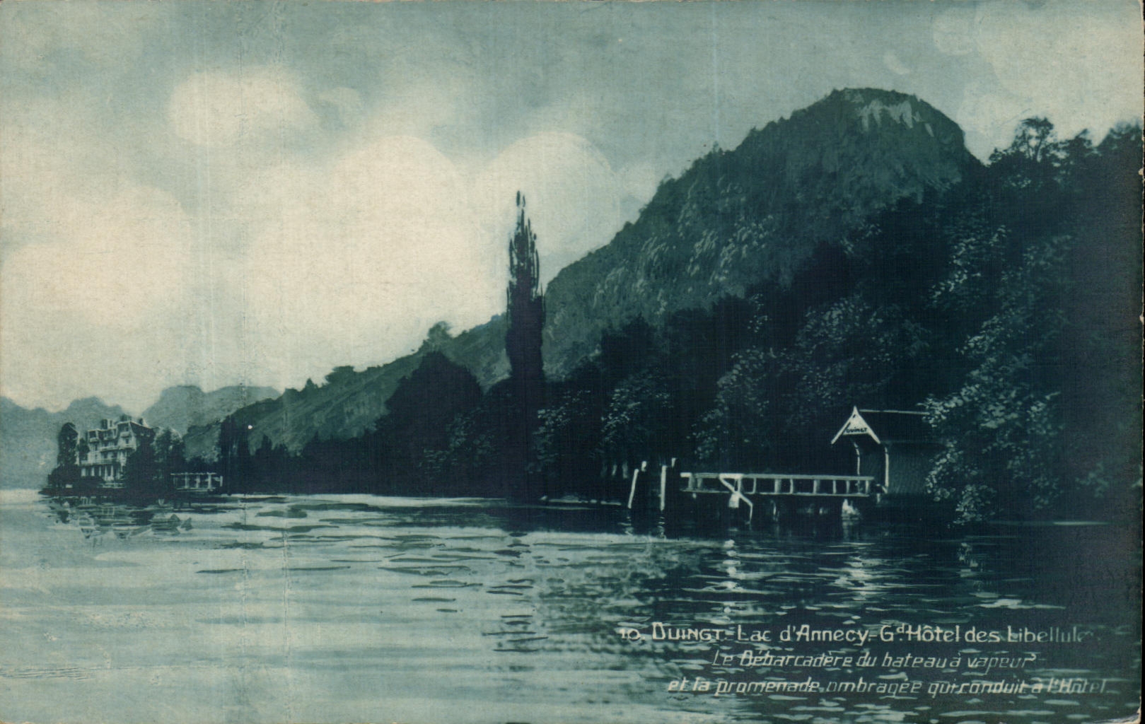Lac d'Annecy — Débarcadère du bateau à vapeur et promenade ombragée conduisant à l'Hôtel des Libellules — éditeur Duingt, n° de série non visible