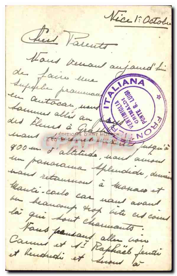 CPA Grimaldi Ventimiglia Frontiera Haliana Ponte San Luigi — Rückseite