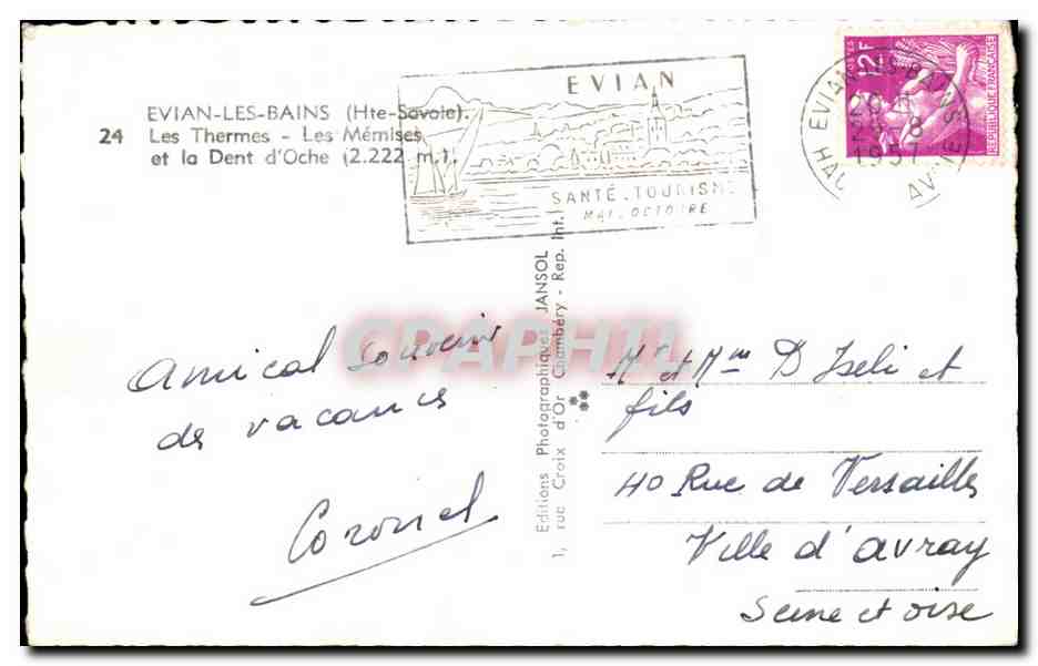 CPA Evian Les Bains Les Thermes Les Memises et la Dent d'Oche — Verso