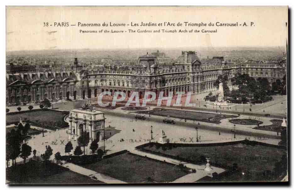 CPA Paris Panorama du Louvre Les Jardins et l'Arc de Triomphe du Carrousel