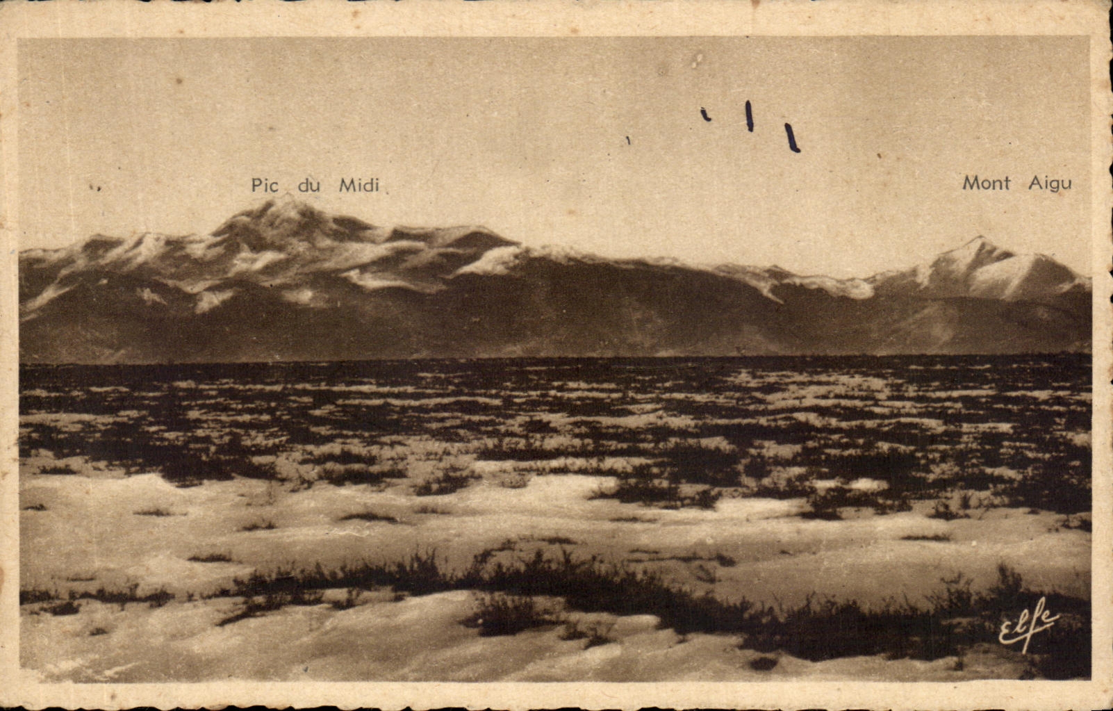 Pic du Midi et Mont Aigu — vue du plateau de Lannemezan — éditeur Elfe, n° 377