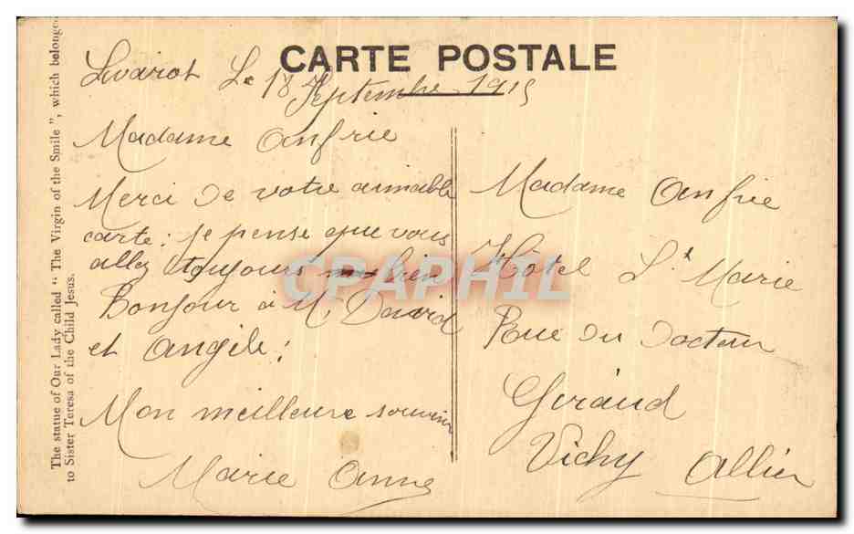 CPA La Vierge De Therese De L'Enfant Jesus Dite Vierge au sourire — Rückseite
