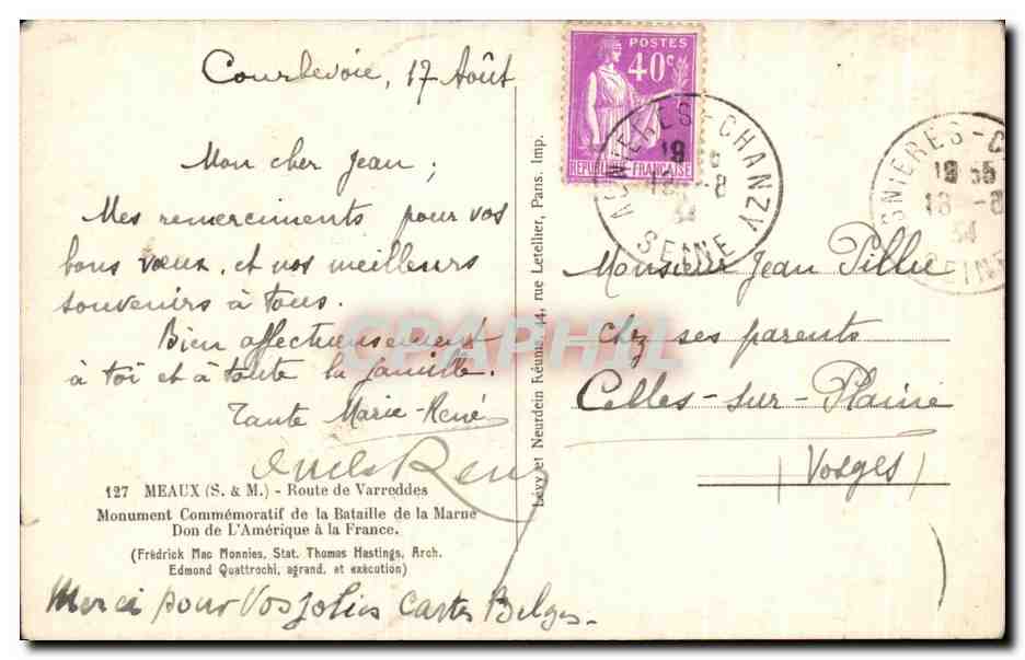 CPA Meaux Route De Varreddes Monument Commemoratif de la bataille de la Marne Don de l'Amerique a la France  — Rückseite