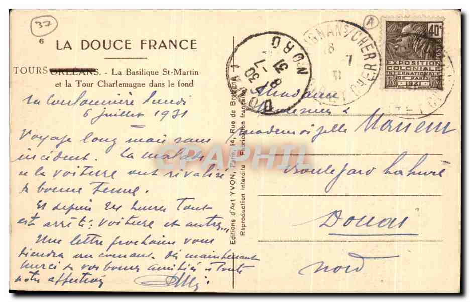 CPA La Douce France Tours La Basilique St Martin Et La Tour Charlemagne Dans Le Fond — Rückseite