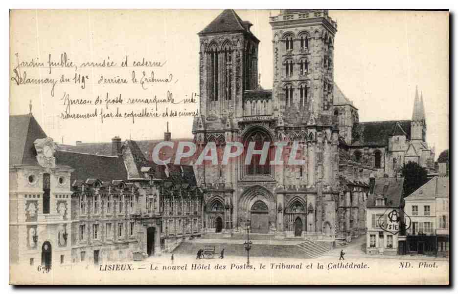 CPA Lisieux Le Nouvel Hotel Des Postes Le Tribunal Et La Cathedrale