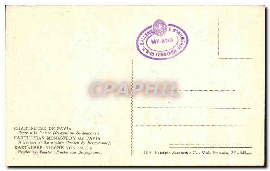 CPA Certosa Di Pavia Frate alla Finestra Dipinto del Bergognone — Rückseite