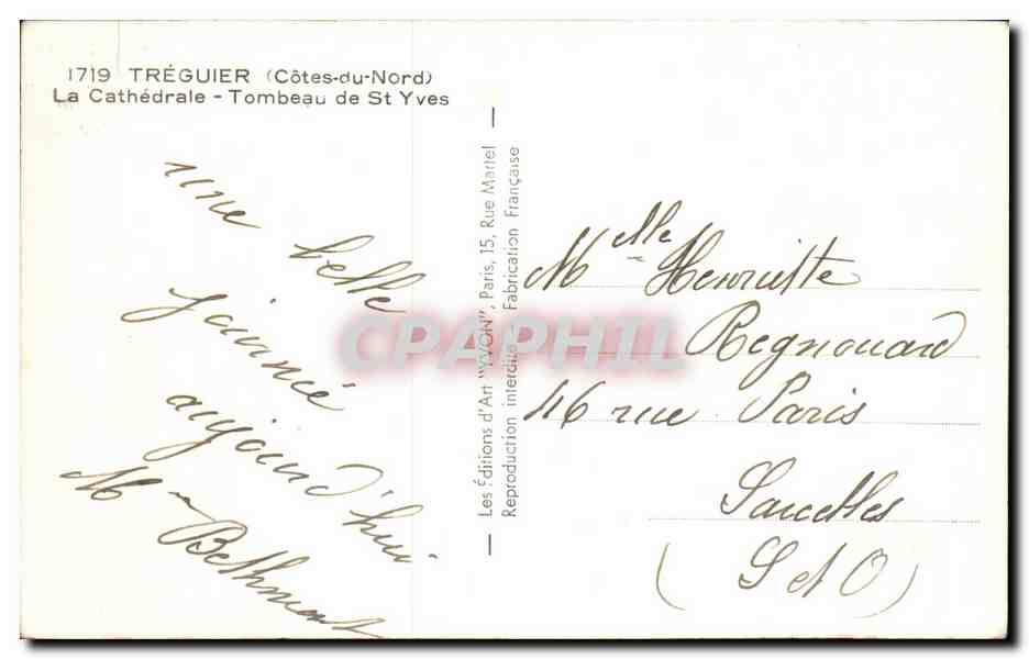 Tréguier (Côtes-du-Nord) — La Cathédrale - Tombeau de St Yves — Éditions d'Art 'Véron' Paris — Verso
