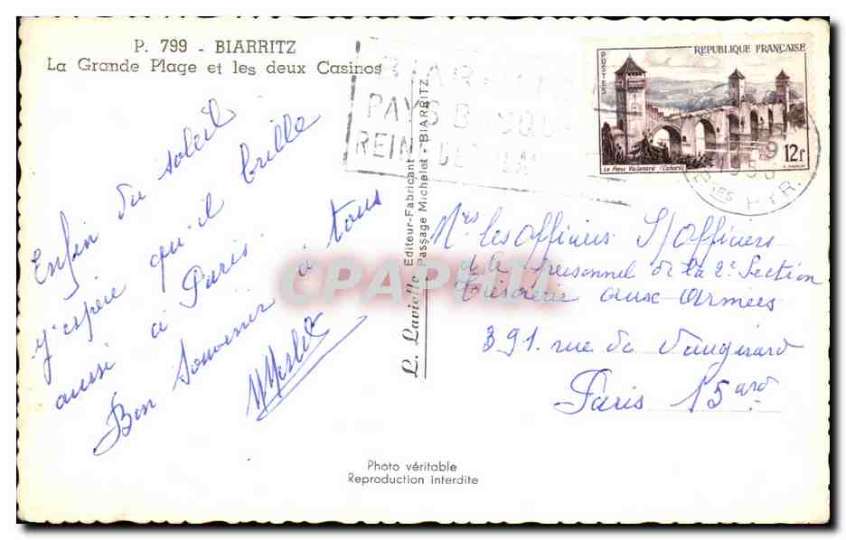 CPA Biarritz La Grande Plage Et Les Deux Casinos — Verso