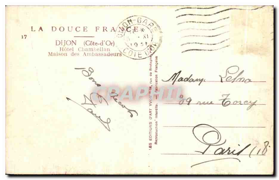 CPA Dijon Hotel Chambeilan Maison des Ambassadeurs — Rückseite