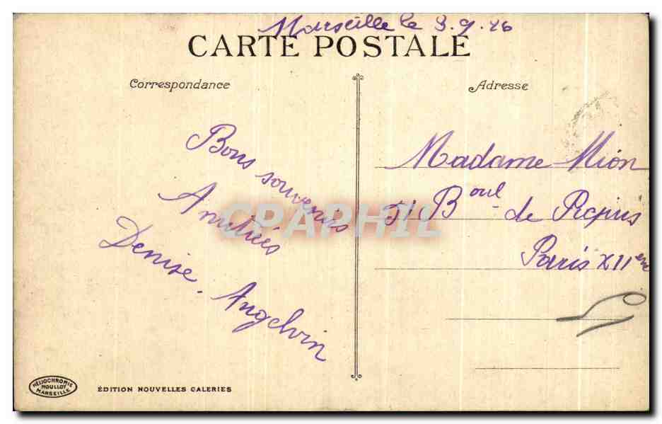 CPA Marseille Le Place Castellane Et Fontaine Cantini — Verso