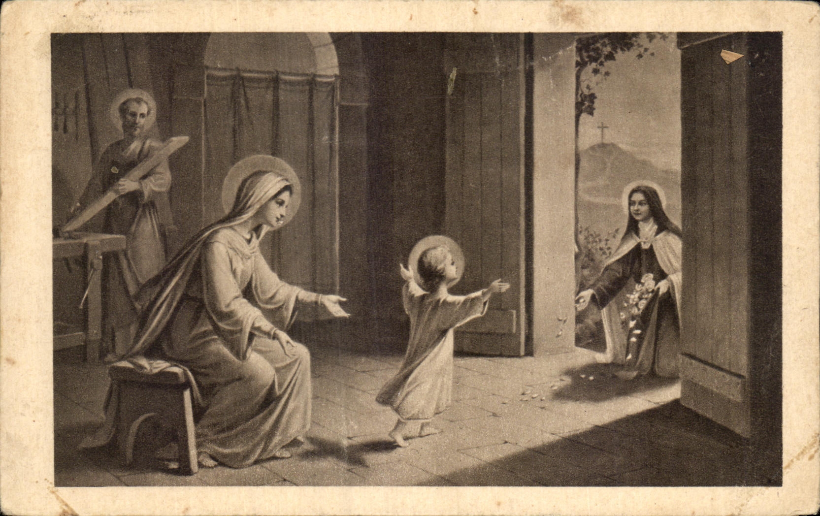 Sainte Thérèse de l'Enfant-Jésus — Allégorie de l'Enfant-Jésus jetant des fleurs sous les pas de la sainte — Éditeur CEROSA, n°12