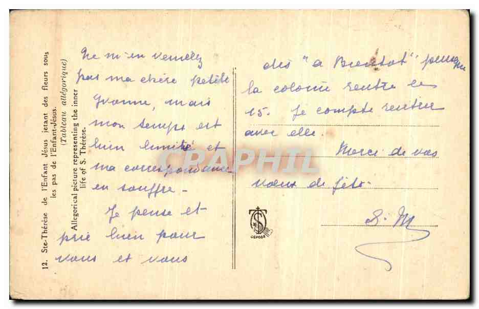 Sainte Thérèse de l'Enfant-Jésus — Allégorie de l'Enfant-Jésus jetant des fleurs sous les pas de la sainte — Éditeur CEROSA, n°12 — Rückseite
