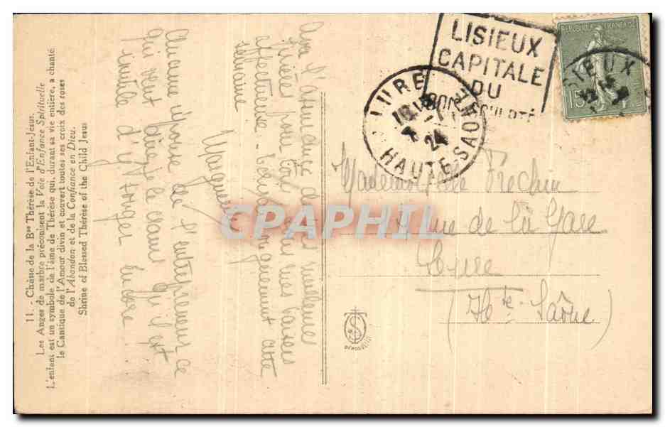 CPA Chasse de la BienheureuseThere de l'Enfant Jesus  — Rückseite