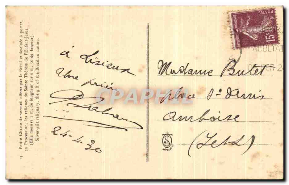 CPA Petite Chasse de Vermeil offerte par le Bresil et destinee a porter en procession le sreliques de Sainte  — Verso
