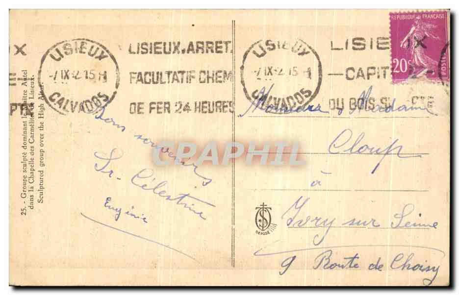 CPA Groupe sculpte dominant le Maitre Autel dans la Chapelle des Carmelites de Lisieux — Verso