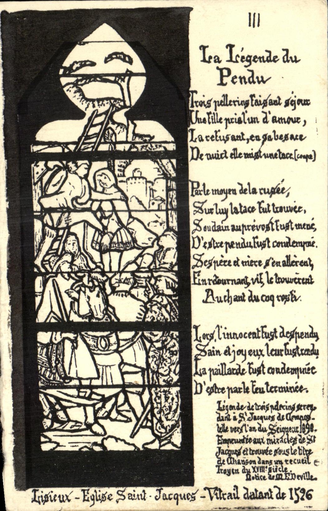 Lisieux - Église Saint-Jacques - Vitrail datant de 1526 — légende du Pendu