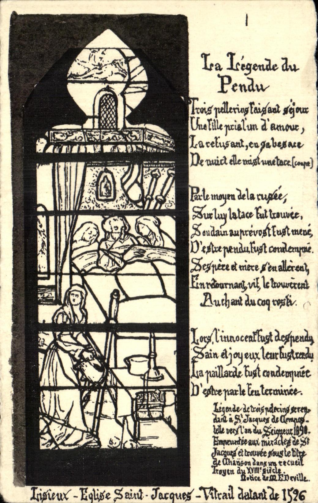 Lisieux - Église Saint-Jacques - Vitrail datant de 1526 — légende de la pendue