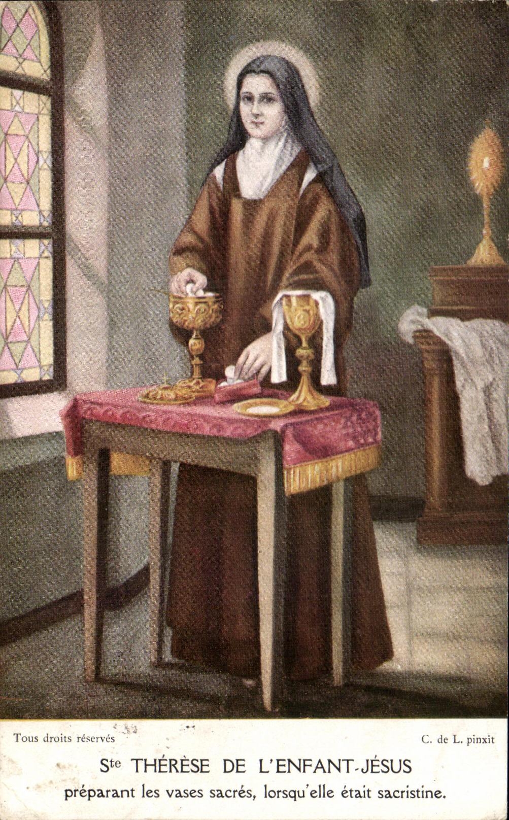 Ste Thérèse de l'Enfant-Jésus — die heiligen Gefäße vorbereitend, als sie Sakristanin war — C. de L. pinxit