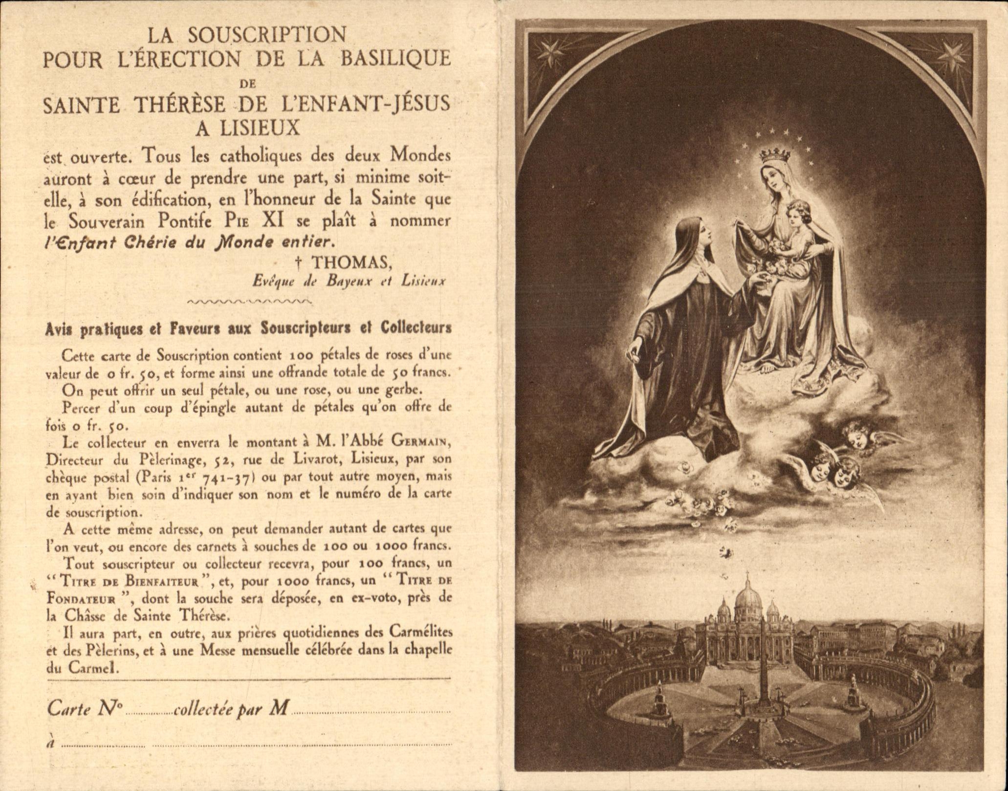 Sainte Thérèse de l'Enfant-Jésus in Lisieux — Subscription for the Construction of the Basilica — Pilgrimage Office, Paris