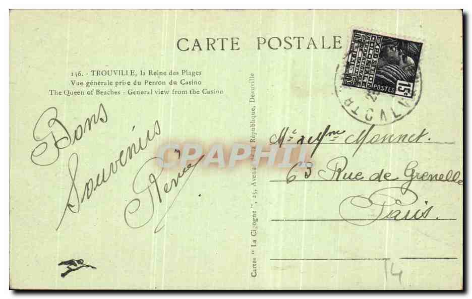 CPA Trouville La Reine des Plages Vue generale prise du perron du Casino The Queen of Beaches  — Verso