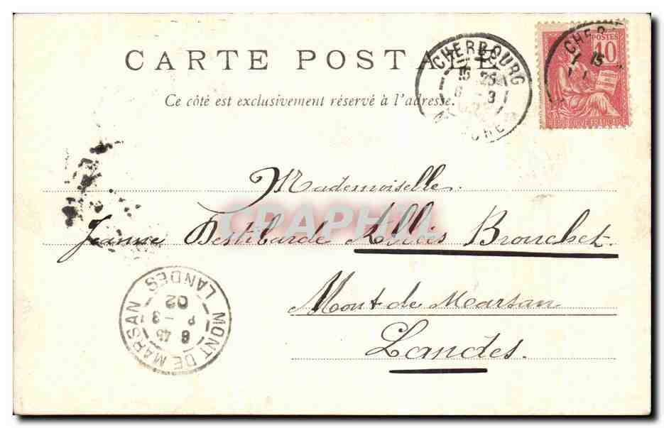 CPA Cherbourg Le Grand Theatre et Fontaine Mouchel — Rückseite