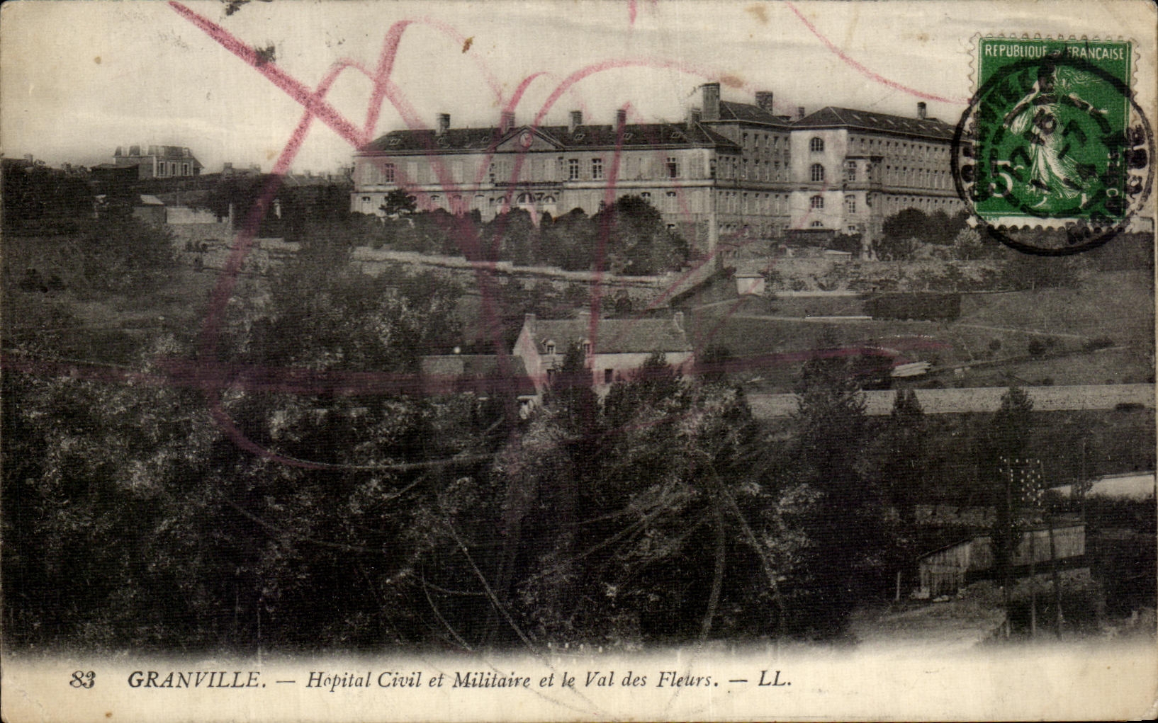 Tarjeta postal antigua Granville Hospital Civil y Militar y Val des Fleurs