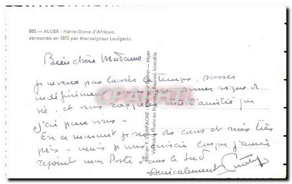 CPA Alger Notre Dame d'Afrique consacree en par Monseigneur Lavigerie — Rückseite