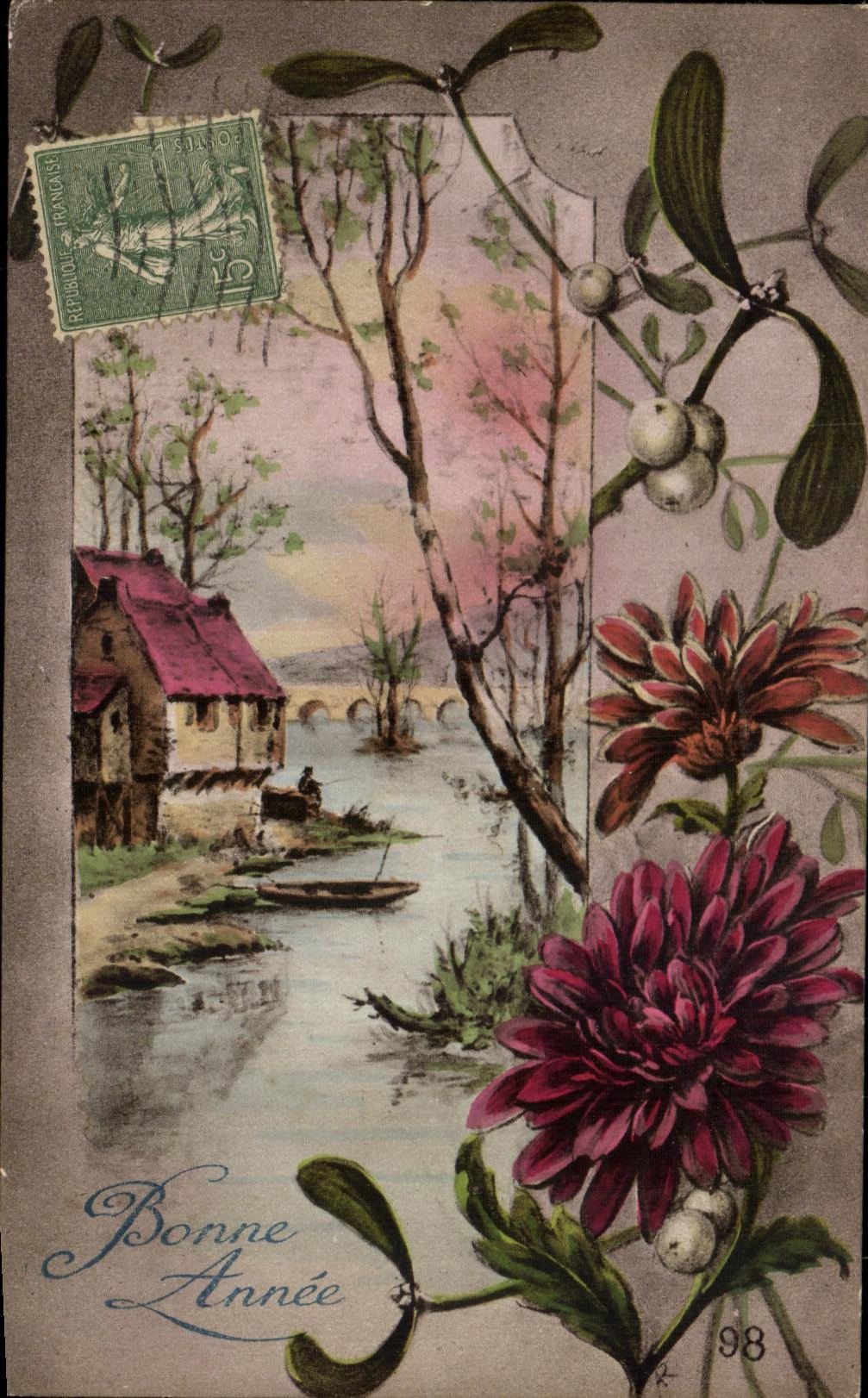 Paysage fluvial avec maison — décor floral de gui et chrysanthèmes — éditeur Luxographie, n°98
