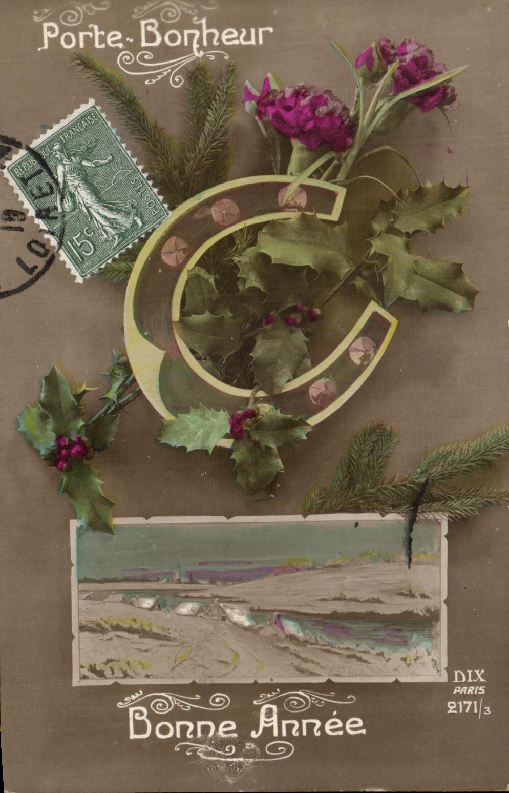 CPA Fantaisie fleurs Porte Bonheur Bonne Annee Fer a cheval 