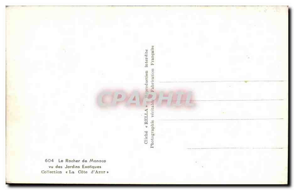 CPA Le Rocher de Manaco vu des Jardins Exotiques Collection La Cote d'Azur — Rückseite